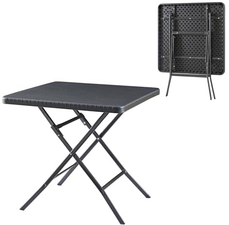 [en.casa] Mesa Plegable Exterior Mesa Cuadrada de Jardín para Eventos Recepciones Acampada Picnic Terraza Esctructura Metálica Tablero de Plástico 78x78x74cm - Efecto Ratán Negro