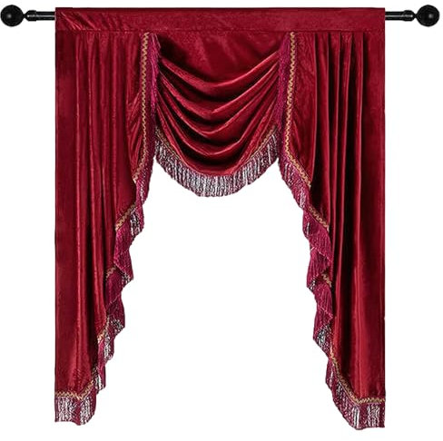 apott Red Valance for Windows Waterfall Valance Curtains with Tassels Velvet Luxurious Pelmet Swag Window Treatment Drapes for Living Room Bedroom H49xW41 Inch