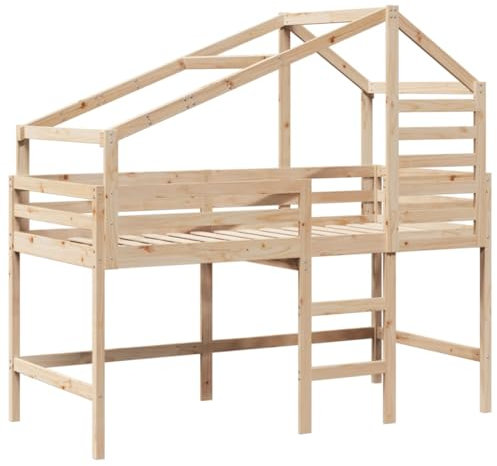 vidaXL Hochbett, Kinderbett mit Leiter Dach Sicherheitsgeländer, Spielbett für Kinderzimmer, Bett Holzbett Einzelbett, 90x190cm Massivholz Kiefer