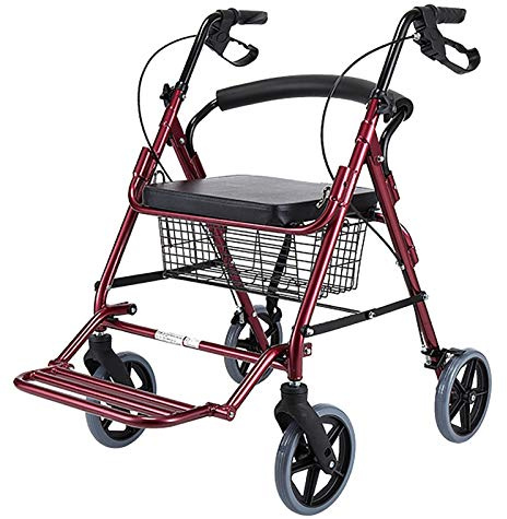 Zusammenklappbarer Rollator, roter Aluminium-Gehwagen für Senioren/ältere Menschen, mit Sitz, Bremsen und großen Rädern, tragbarer, höhenverstellbarer Gehwagen, robuster Einkaufswagen zum Teilen