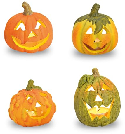 Ton Kürbis Herbstdeko Teelichthalter 4er Set - Ø 8 cm - Halloween Windlicht für Innen und Außen - Kerzenhalter Tischdeko Dekokürbis Deko Laterne klein