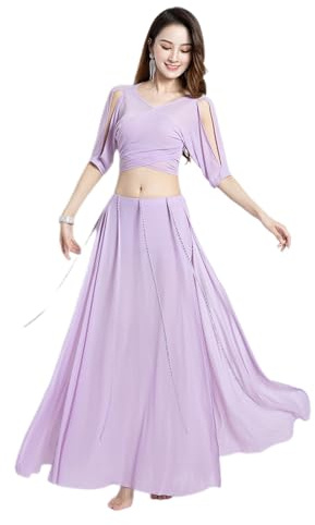 LDXEQIZ Damen Bauchtanz Kleidung 2 Stück Oberteile +Hoher Schlitz Strass Langer Rock, Belly Dance Skirts Für Performance,Training Indischer Tanz Kostüm Anzug(Purple,M)
