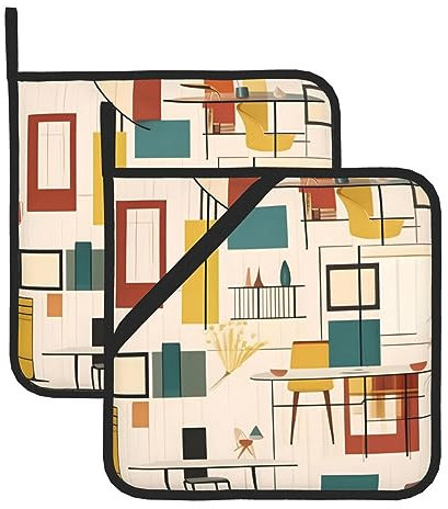 WHJYYXDE Set di 2 presine da 20,3 x 20,3 cm, isolamento resistente e antiscottatura, tessuto impermeabile, motivo moderno di metà secolo rosso
