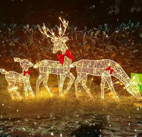 HUONIU 3 pezzi illuminati Natale cervi famiglia set cortile esterno renne decorazioni natalizie fiocchi rossi madre bambino renna arredamento da giardino con luci a LED picchetti