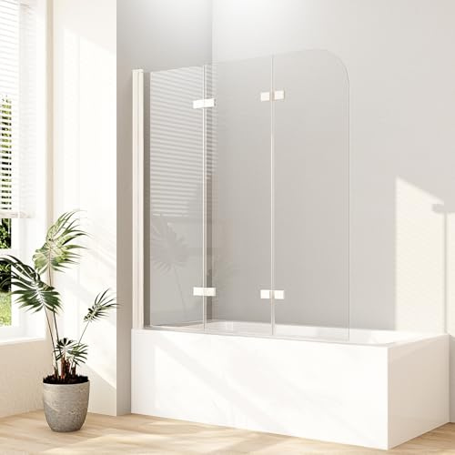 Duschwand für Badewanne Weiß, Duschwand 140x140cm 3-teilig Faltwand, Badewannenaufsatz Duschtrennwand Duschabtrennung Badewanne mit 6mm ESG Glas
