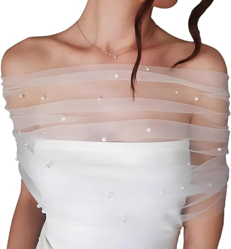 NICENEEDED Weißer Tüll Brautschal Perlen Brautumhang Hochzeit Schulterfreie Capelets Spitze Schal Frauen Braut Hochzeit Tüll Stola