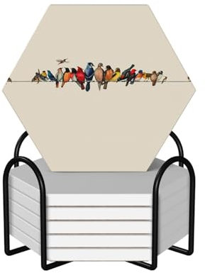 Set mit 6 sechseckigen bunten Vogel-Untersetzern, Keramik-Untersetzer mit rutschfestem Korkboden, Tee- und Kaffee-Untersetzer, Weihnachtsuntersetzer