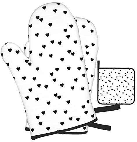 Topflappen Und Topflappen Set Von 4 Schwarze Herzen Grillhandschuhe Mit Innere Baumwollschicht Topfhandschuhe Weiches Topfpads, Für BBQ, Grillen, Backen