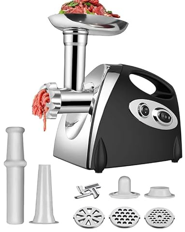 Elektrischer Fleischwolf, 2800 W, elektrischer Zerkleinerer, 3-in-1, Fleischwolf, Edelstahl, mit 3 Mahlplatten aus Edelstahl und Kubbe, Fleischwolf für Gemüse, Wurst (schwarz)