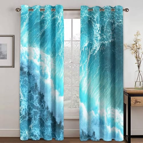 Mesnt Blickdichter Vorhang mit Schlaufen, 86x138cm Meeresblau Ozeanwelle Thermovorhang Kälteschutz Blickdicht, Schallschutz Vorhang Schlafzimmer