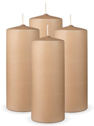 HS Candle Stumpenkerzen 4er Pack Beige, Größe Ø7 x 16 cm, Wachskerzen lange Brenndauer bis zu 50 Std. - unparfümierte Säulenkerzen - viele Farben/Größen