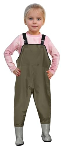 Generisch 2025 Waders pour enfants, garçons et filles, cuissardes de pêche avec poche pour tout-petits, imperméables, pantalon de chasse et de pêche avec bottes ensemble grenouillère, kaki, 8-9 ans