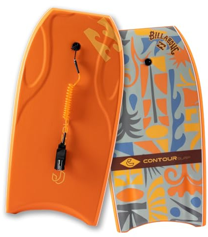 Billabong x CONTOUR SURF 42'' Body Boards for Beach Pool Lightweight PE Core IXPE Deck HDPE Bottom FRP Stringers High Performance Body Board with Double Swivel Surf Leash Lightning Tangerine
