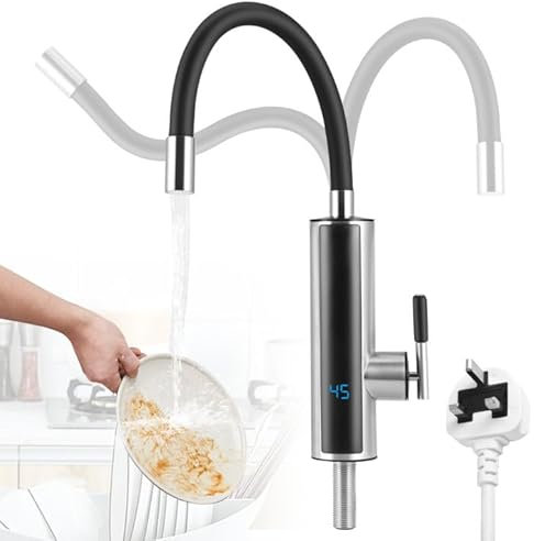 Elektrischer Wasserhahn mit Durchlauferhitzer für Küche, 3000W - 360° Schwenkbare Küchenarmatur mit LED Temperaturdisplay - Sofortiger Durchlauferhitzer Wasserhahn aus Edelstahl für Spüle, Bad, Garten