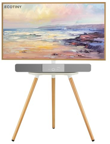 ECOTINY Support TV chevalet trépied pour téléviseurs de 43 à 65, réglable en hauteur, pivotant, support TV d'angle au sol avec plateau en bois, compatible VESA 400x400 LCD/LED/OLED, minimaliste