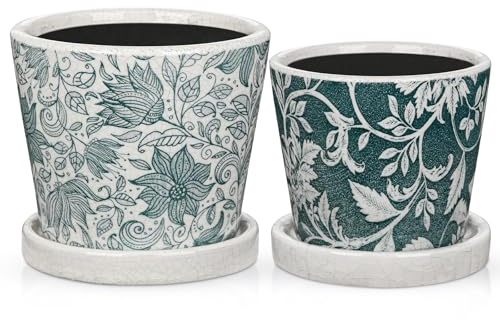 Oairse Lot de 2 pots de fleurs en céramique, pots de plantation ronds pour plantes succulentes avec trous de drainage et sous-pots, petit pot de plantation en céramique pour plantes succulentes