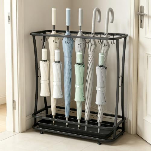 Suuiwau Umbrella Stand for Hallway, 21 Holes & 24 Hooks with Drip Tray | Space Saving Entryway Organizer for Umbrellas & Walking Sticks, Suitable for Home Office Entryway