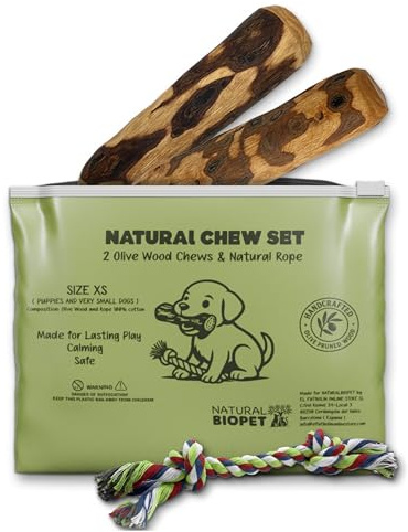 Jouet à Mâcher pour Chiot et Chien, Taille XS | 2 Bois d'Olivier + Corde | 100% Naturel | Jouet Durable | Élimine Le Tartre | Baigné dans l'huile d'olive (13cm) | Corde (18cm) (Taille XS (2 PIÈCES))