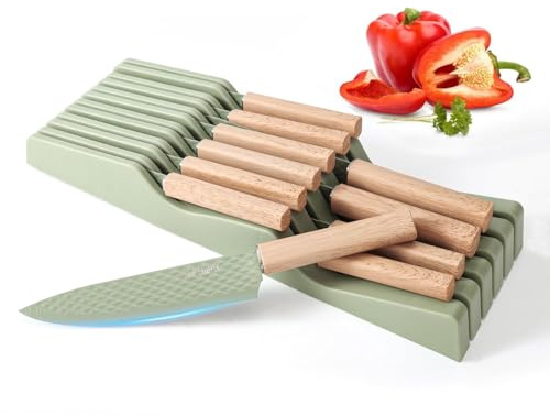 Stainless Steel Knife Block Set, 12 Pieces Kitchen Knife Set with in-Drawer Knife Block, Ultra Sharp Non-Stick Coating Chef Knives Set with 6PCS Steak Knives, Drawer Knife Organizer (Green)