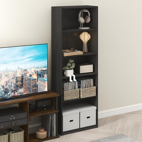 Furinno GEHRY DVD Shelf, 5-Tier CD Rack, Media Shelf with Adjustable Shelves, DVD Storage Cabinets for CD Bluray Game Disc, Easy Assembly, for Living Room, Home Office, Blackwood
