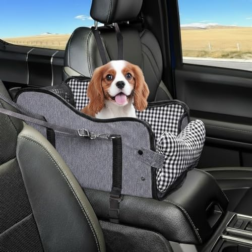 Mittelkonsole Hundeautositz, Haustier-Welpen-Autositz, Mittelkonsole, Armlehne für kleine Hunde (Kariert) (Grau)