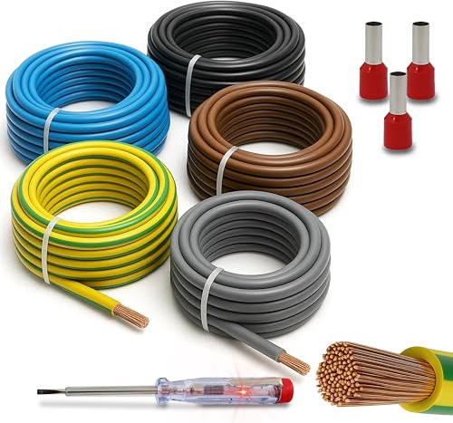 Verdrahtungssatz 10mm² H07V-K Aderleitung flexibel Set 5x3m inkl. 50x Aderendhülsen Verdrahtungsleitung ideal für Zählerplatz, Erdungskabel & Verdrahtungsbrücken