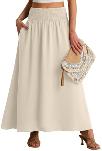 QIXING Maxi Skirts for Women Smocked Elastic High Waisted Casual Boho Swing Pleated Beach Long Skirts with Pockets(Apricot, L)