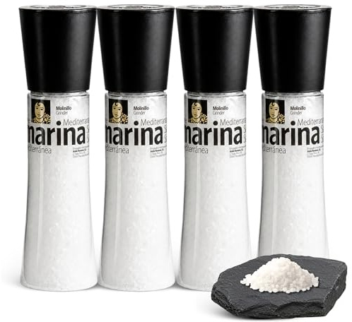Sal Marina Mediterránea Carmencita, Formato molinillo gigante, Apta para realzar tus platos, sazonar carnes, pescados y verduras, especialmente a la parrilla, Sin Gluten, Contiene 4 unidades de 360 g
