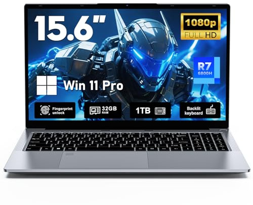 FUNYET Ordenador Portátil,2026 Nuevo PC Portátil de 15,6 Pulgadas,32GB RAM+1TB SSD,Laptop R7-6800H,FHD 1920 * 1080,5000mAh Batería, Teclado retroiluminado,Lector de Huellas Dactilares