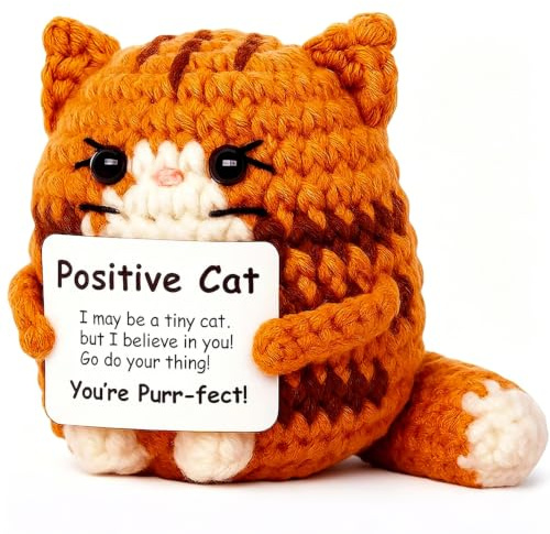 WQorphix Positive Crochet Animals, Pocket Hug Positive Cat with Inspirational Cards in Gift Box, Emotional Support Good Luck gifts for Thank You,Lucky Charm for Birthday, Office Home Desk Decor