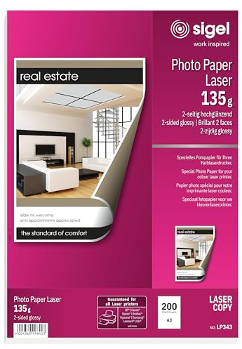 SIGEL Fotopapier A3 hochglänzend Laserdrucker 200 Blatt 135 g | LP343, Großformatiges Druckmedium für Präsentationen und Fotodrucke