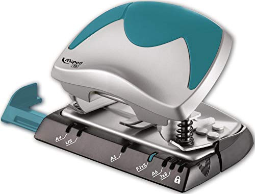 Maped - Perforadora de Papel - Ergologic 2 Agujeros para 15/20 Hojas - Agujereador de Papel - Zona de Apoyo Blanda - Tapa para Vaciar los Confetis - Regleta Multi Formatos