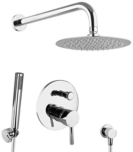 PaulGurkes Regendusche Duschkopf 20cm Edelstahl Komplett Set rund Messing Wandarm Komplettset Regenbrause Tropenwalddusche Kopfbrause Duschset einbaufertig Messing Wandmontage Duschsystem