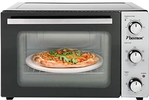 Bestron Fornetto compatto con girarrosto e pietra per pizza, 31 litri, 1500 Watt, Acciaio inossidabile