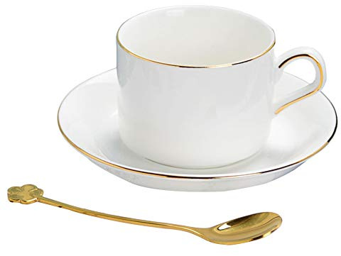 LKMY Teetasse / Kaffeetasse aus feinem Porzellan, mit Untertasse und Löffel, europäischer Goldrand, fein mit Geschenkbox (Jinbian)