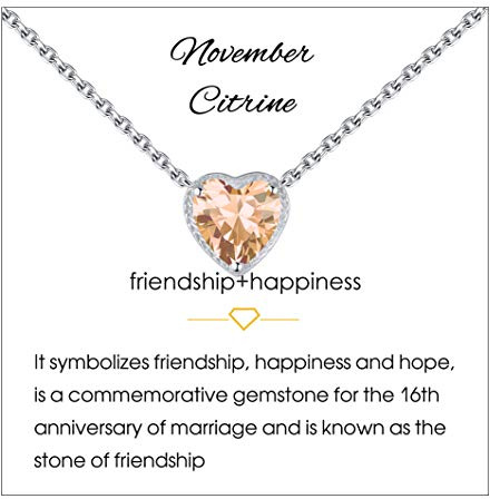 Qings Birthstone Heart Necklaces, 925 Sterling Silver November Birthstone Pendant Necklace, Adjustable Chain Gift Box, 12 Months Jewellery for Women Valentines Gift For Her Wife Girls Birthday Wedding