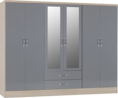 Seconique Nevada 6 Door 2 Drawer Wardrobe,Grey Gloss/Light Oak