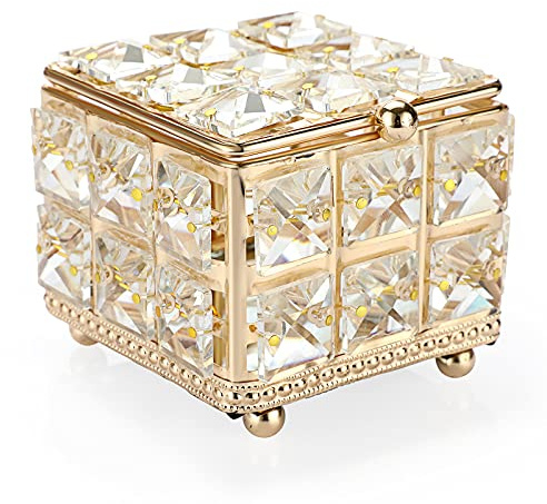 ELLDOO Portagioie quadrato in cristallo, organizer per gioielli, con coperchio, orecchini, anelli, vintage, per San Valentino, matrimonio, cassettiera, decorazione camera da letto, oro