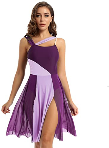 LiiYii Damen Lyrisch Tanzkleid Ärmellose Ballettkleid Eiskunstlauf Kleid mit Tüll Rock Ballerina Kleid Latein Tanzkleid Modern Dance Tanzkleidung
