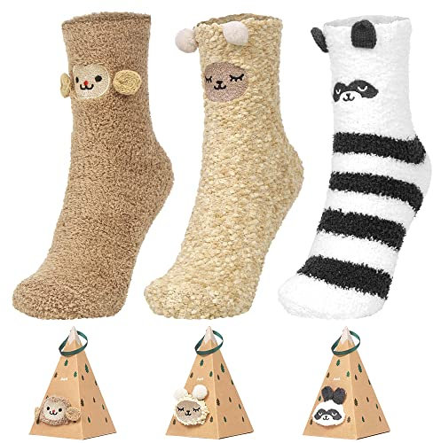 Aurasky Calzini di Natale, 3 Paia Calze a Pantofola Donna, Calzini Donna Divertenti, Furry Calzettoni Invernali, Confezione Regalo di Natale per Donne Bambini