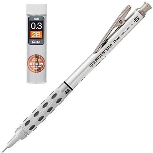 Pentel PG1013-E GraphGear1000 Druckbleistift 0,3 mm Strichstärke, Edelstahlgehäuse, 4 mm Minenführung, Radierer (Z2-1N), 1 Stück & C273-2BO AIN STEIN Feinmine, 0.3 mm, Härtegrad 2B, 15 Minen