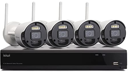 Isiwi Connect S4 Kit Videosorveglianza WiFi per Uso Interno/Esterno. Sistema di sicurezza NVR 8MP 8 Ch + 4 Telecamere 2MP,IP66,Visione Notturna,Rilevamento umano,PIR, Notifiche push, Integrazione IoT