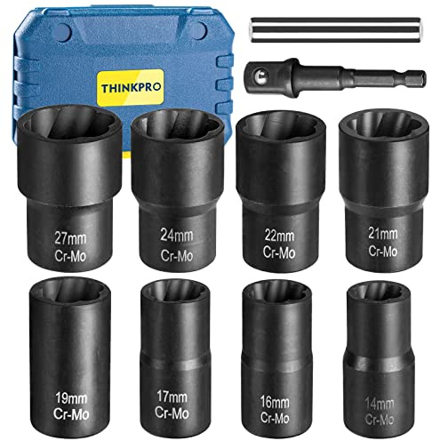 Thinkpro Lug Nut Removal Tool,10 Piece Lug Nut Extractor Set 1/2 Inch Drive, Easy Out Lug Nut remover for Damaged, Frozen, Studs, Rusted, Rounded-Off Bolts & Nuts Screws