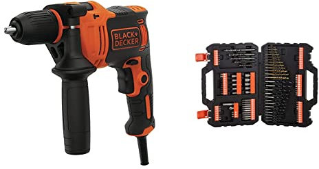 BLACK+DECKER BEH710 Taladro percutor con Cable 710W Portabrocas 13mm Velocidad variable Incluye 4 Brocas + A7200-XJ Juego de 109 piezas para atornillar y taladrar con brocas Titanio