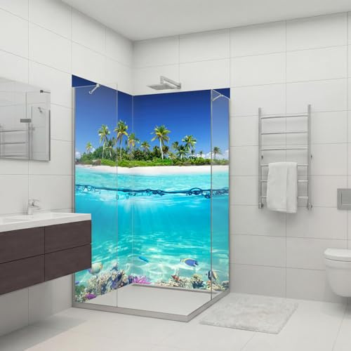 dedeco Eck-Duschrückwand wasserfest Motiv: Strand V6, UV-Lack matt, 2 x 100x210 cm, als Badrückwand zum Fliesenersatz, als Dekorwand, Wandverkleidung und Duschplatte aus Aluminium - Made in Germany