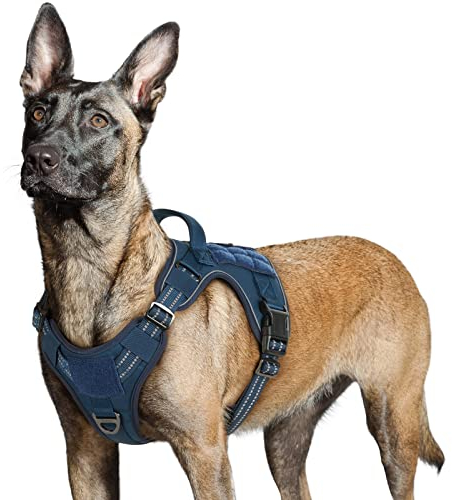 rabbitgoo Hundegeschirr Grosse Hunde, Anti Zug Geschirr Hund Verstellbar mit Griffe Verbreitert, Robust und Verschleißfest, Taktisches Hundegeschirr mit Metallschnallen zum Wandern(L, Blau)