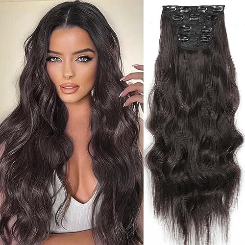 YDDM Hair Extensions Clip In Extensions Dunkelbraun Wellige Haarverlängerung Voller Kopf Wie Echthaar Haarextension Clips Günstig Clip Extensions Synthetisches Haarteil Für Frauen(24Zoll,4PCS)