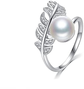 Bague ouverte en argent sterling 925 et perle de culture d'eau douce plume de zircon brillant pour femme fille, Argent, Perle