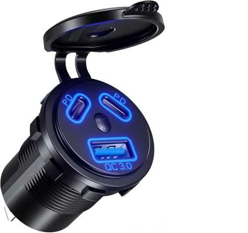 Kewig 12V USB Outlet Schnellladung 3.0 USB Ladegerät und Doppelpd Type -C Anschlüsse, Cigartte Leichtersteck mit EIN/Aus Schalter DIY Kit, Wasserdicht | PD3.0 & QC3.0 3-Port Port für Auto, USB C Zigarettenanzünder Ersatz 12V Buchse Wasserdicht für Marine Motorrad RV Golf