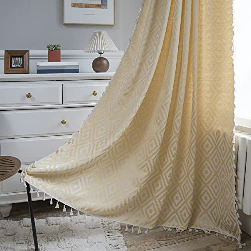 SASIGAYA Boho Vorhänge 132×180 cm Gelb Gardinen 2er Set Gardinenschals mit Quasten Baumwolle Bestickte Vorhang Blickdicht Geometrische Muster Verdunkelungsvorhänge für Morden Schlafzimmer Wohnzimmer